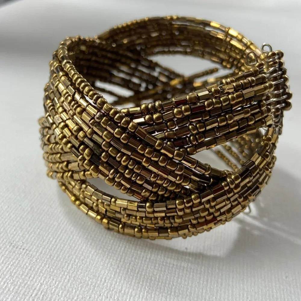 Chunky Gold Beaded Cuff Bracelet, Bohemian Vibe